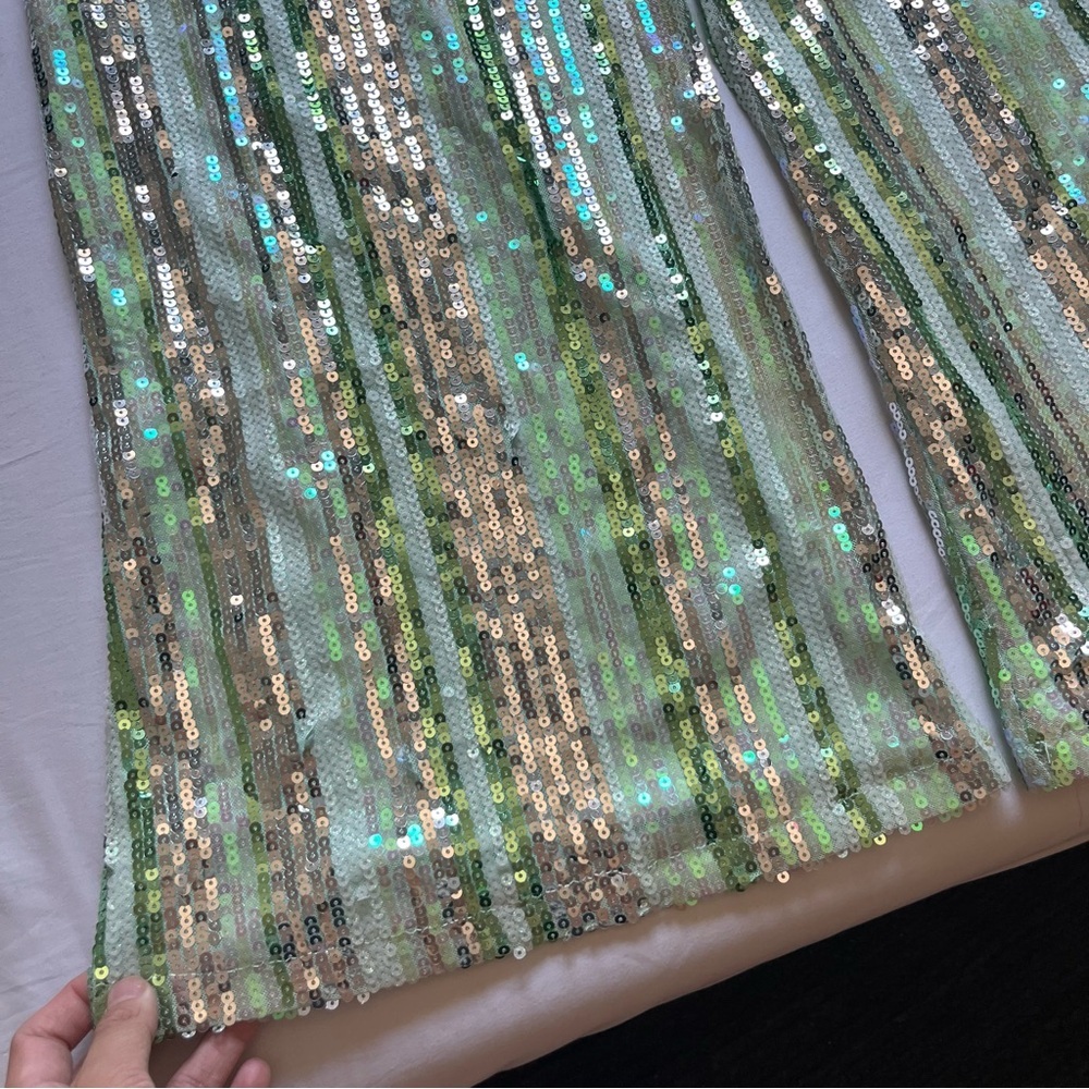 FAERIESTY green sequin striped glitter occasion wide flare bootcut leg pants - Picture 2 of 7